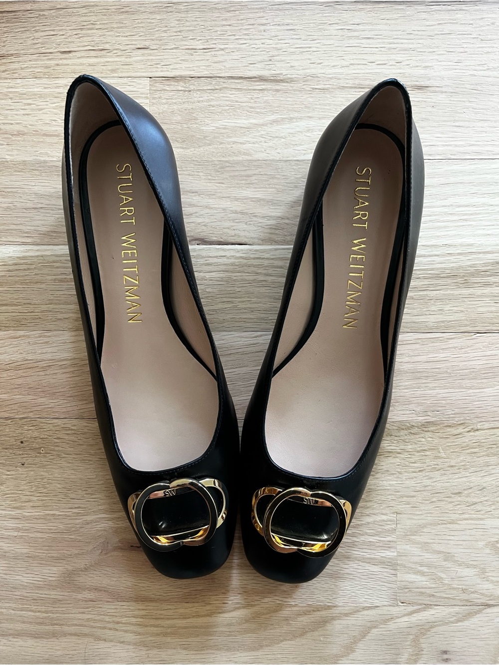 Stuart Weitzman Black Leather Heel with Gold Buckle Made in Spain size 10